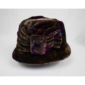 Vintage Liz Claiborne Brown Floral Velvet Bucket Hat w Bow OS Grannycore
